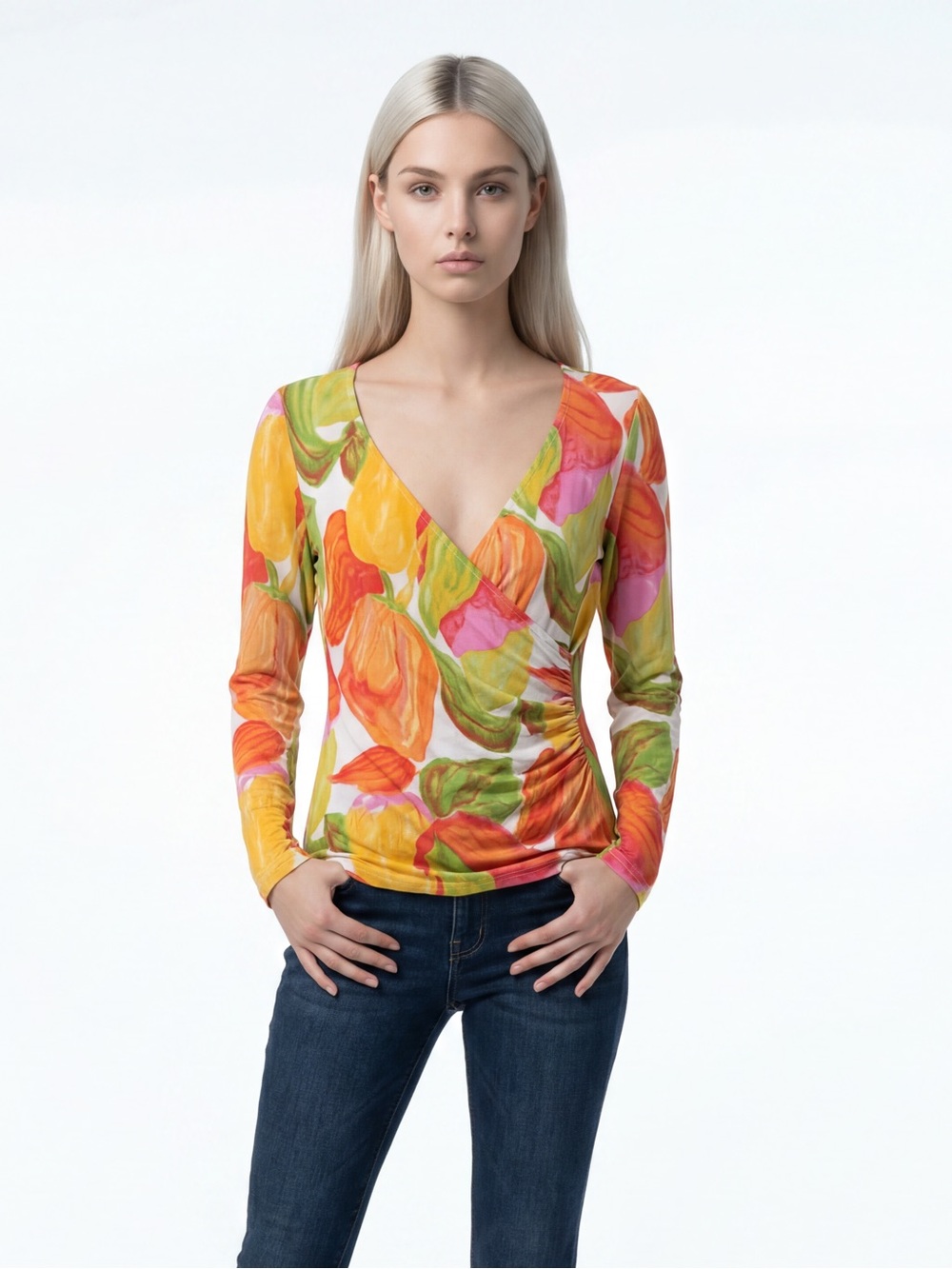 CAbi Floral Wrap Blouse in Yellow, Orange, Green, Pink